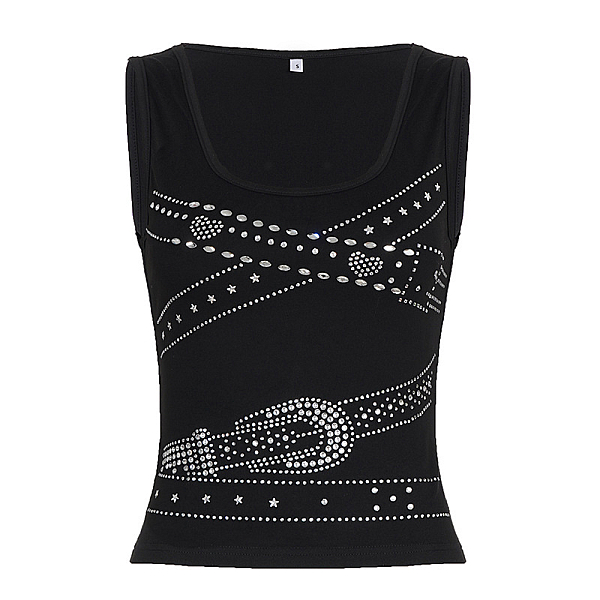 Gothic Black Rhinestone-Embellished Crop Tank Top Dark Street Style Tank Top Sleeveless Top
